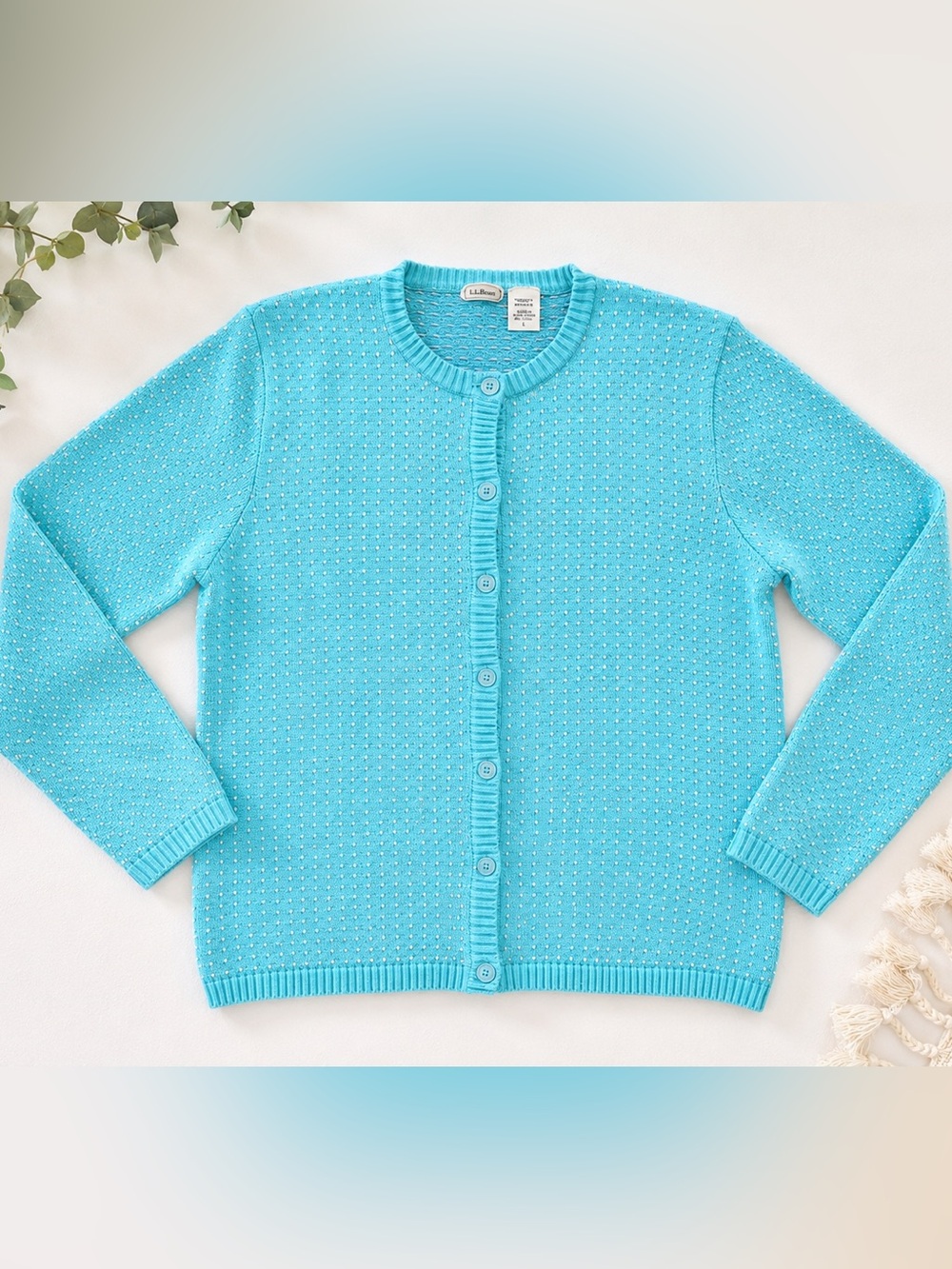 Vintage L.L.Bean Aqua Knit Cardigan Sweater Coastal Grandma Cottagecore